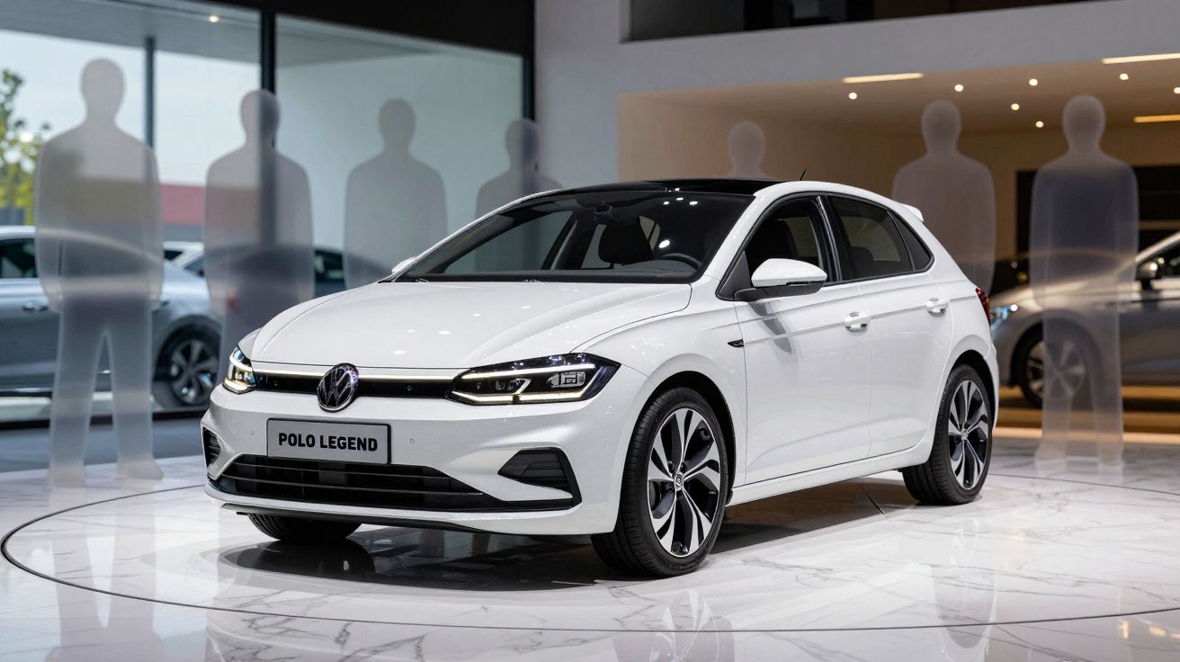 Carro branco Volkswagen Polo Legend exposto em showroom moderno com figuras desfocadas ao fundo.