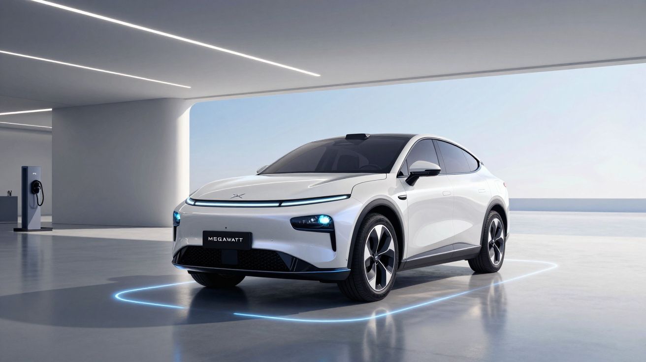 Carro elétrico branco moderno estacionado em garagem futurista com luzes azuis no chão e painel de carregamento.