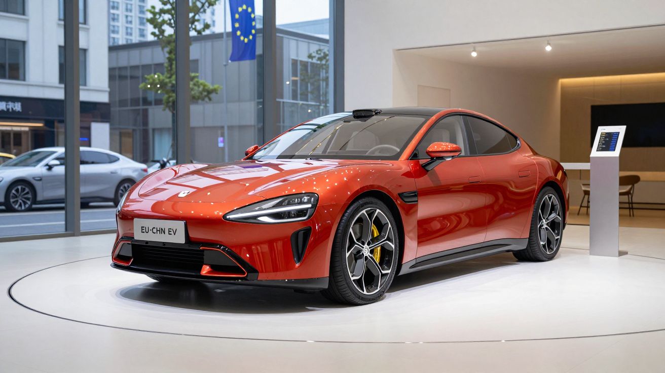 Carro esportivo vermelho em exposição interna com rodas pretas e detalhes amarelos nos freios.