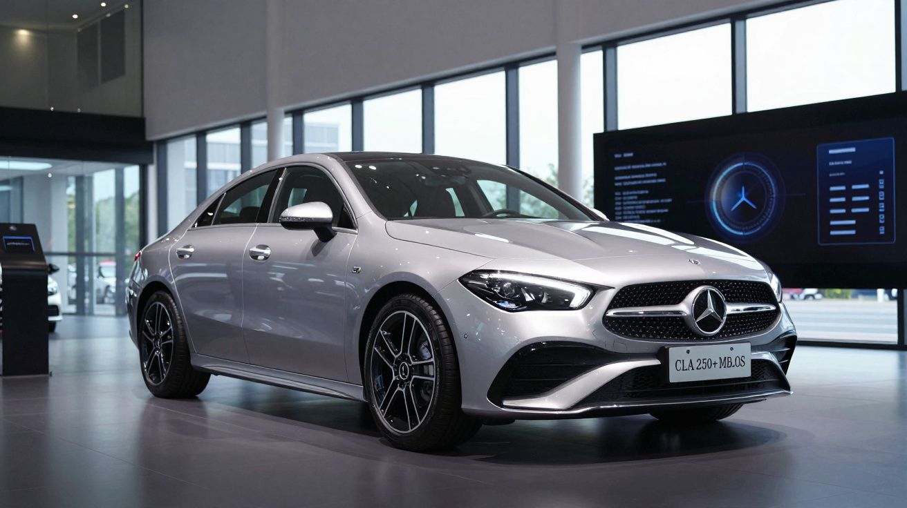 Carro sedan prata Mercedes-Benz CLA 250 exibido em showroom moderno com janelas grandes ao fundo.