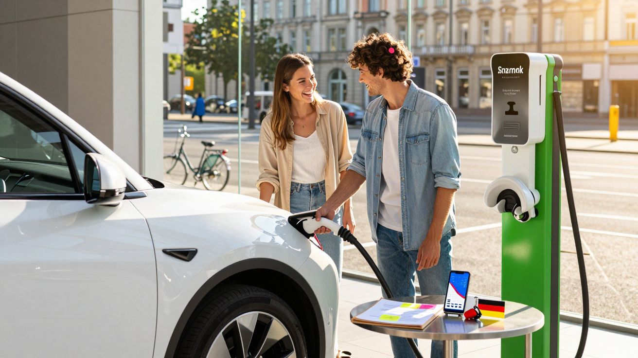 Casal jovem carregando carro elétrico branco em estação de recarga urbana durante o dia.