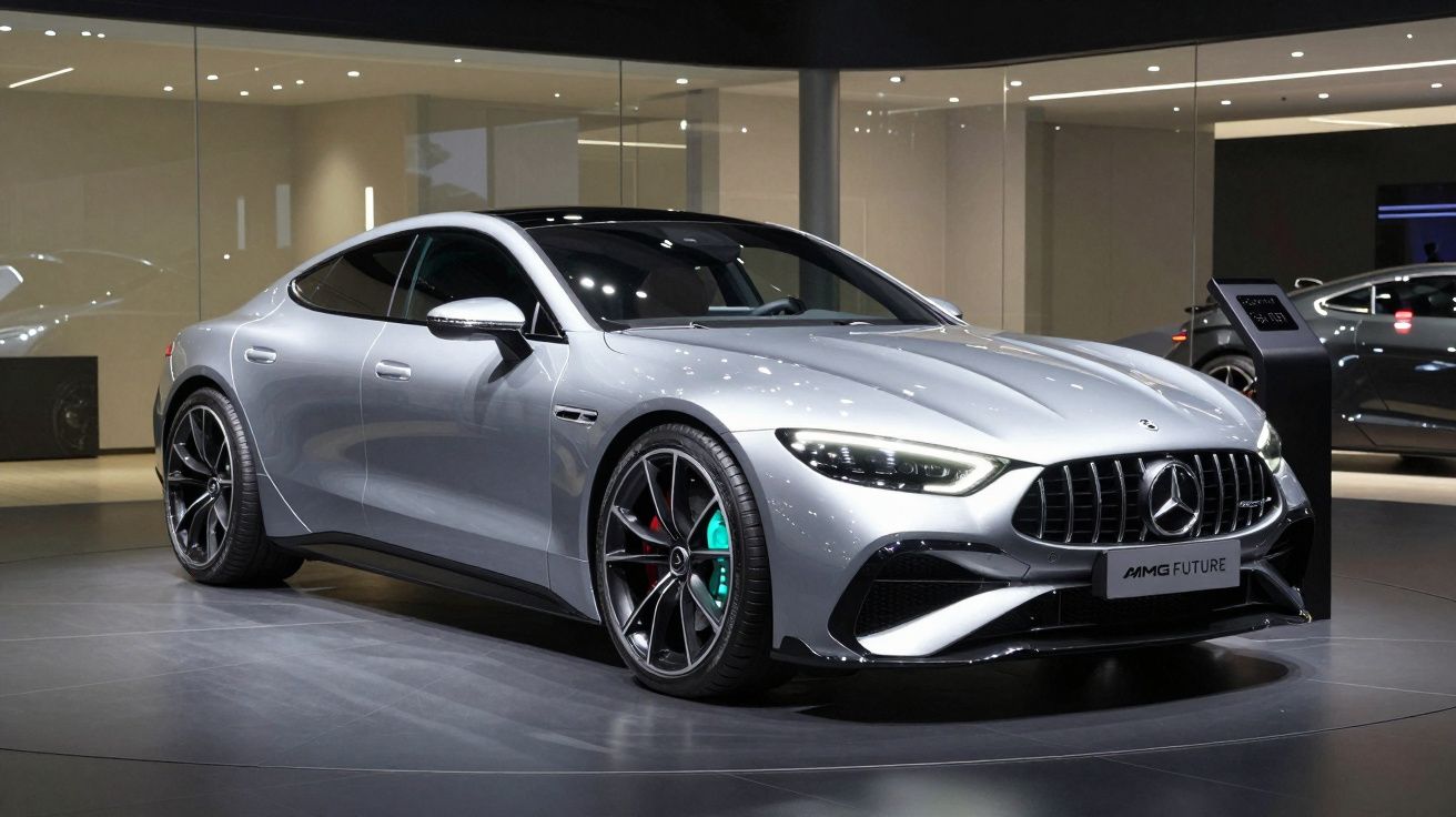 Carro esportivo prata Mercedes-AMG Future exposto em salão de automóveis com iluminação moderna.