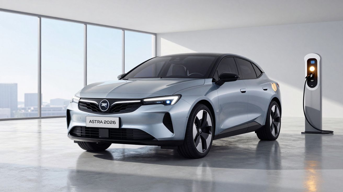Carro elétrico cinza modelo Astra 2026 estacionado em ambiente moderno junto a estação de recarga.