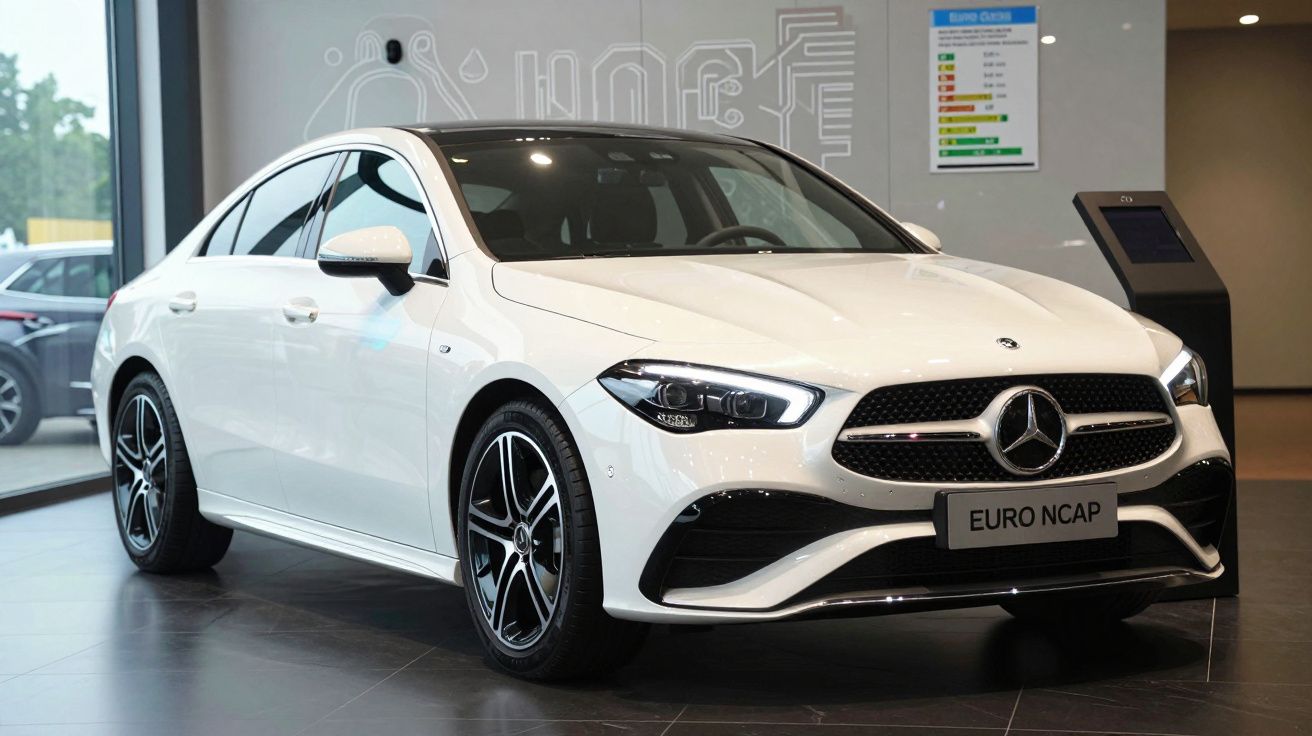 Carro sedan branco Mercedes-Benz exposto em showroom moderno com chão escuro e grande janela.