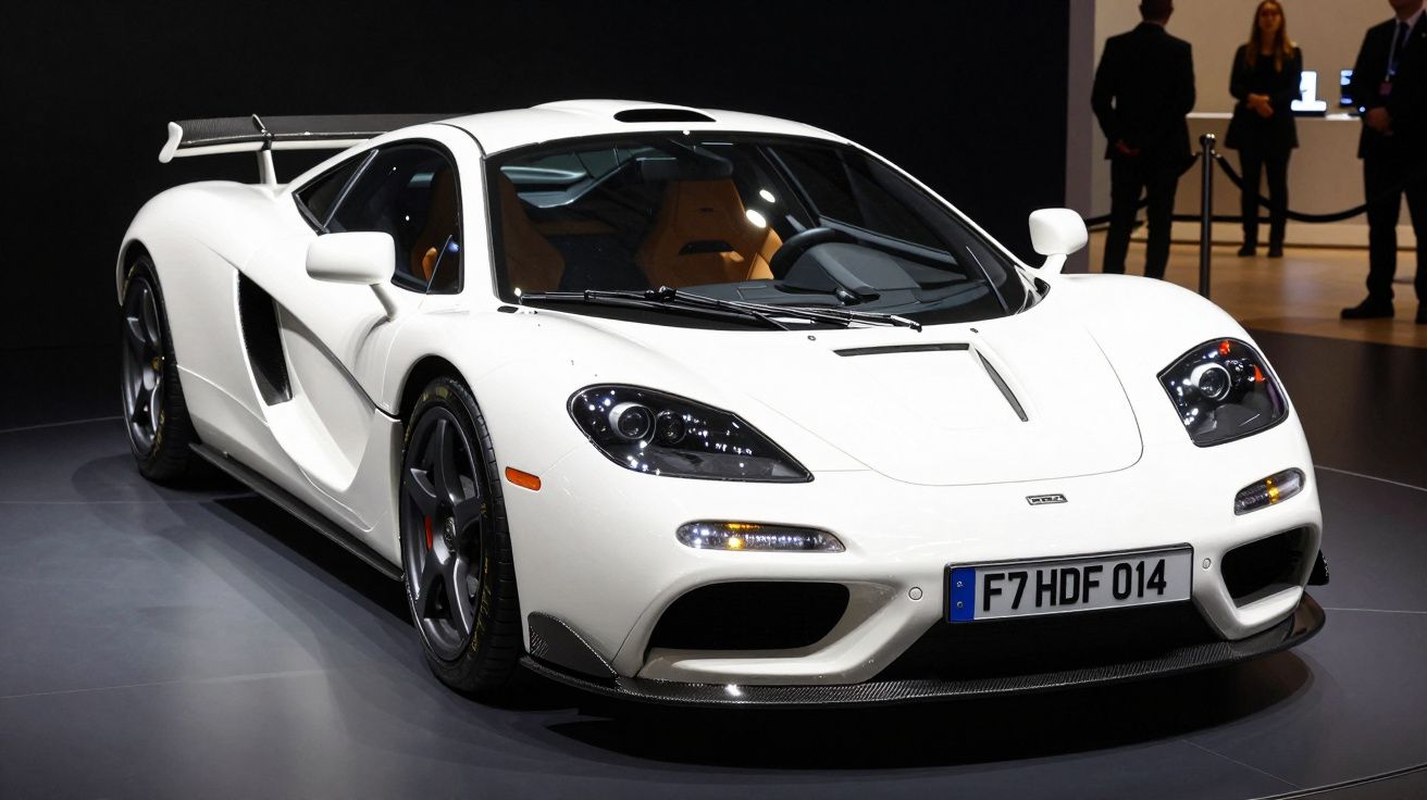 Carro esportivo branco McLaren com aerofólio exposto em salão automotivo, fundo com pessoas desfocadas.