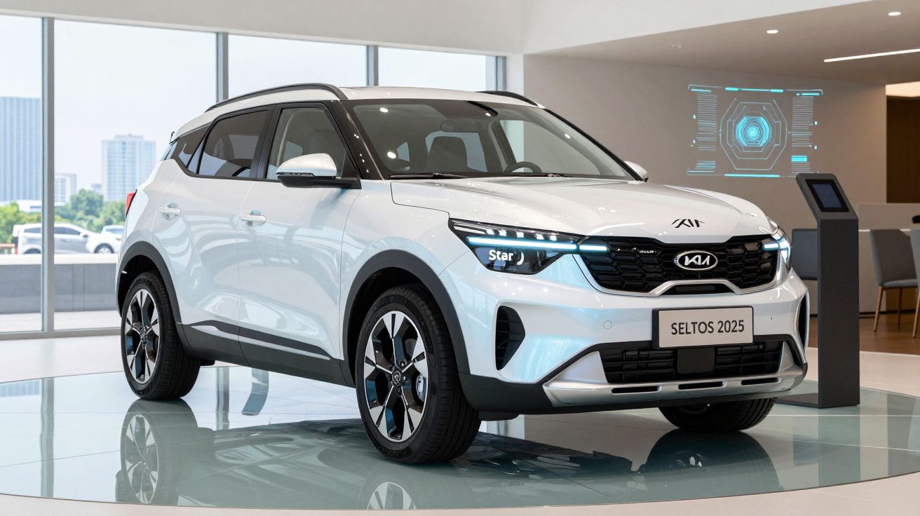 SUV branco Kia Seltos 2025 exposto em showroom moderno com grandes janelas e luz natural.