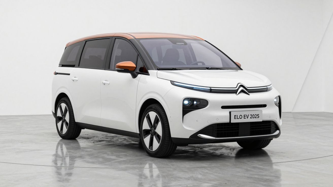 Carro elétrico Citroën Elo EV 2025 branco com teto e retrovisores laranja em ambiente interno neutro.