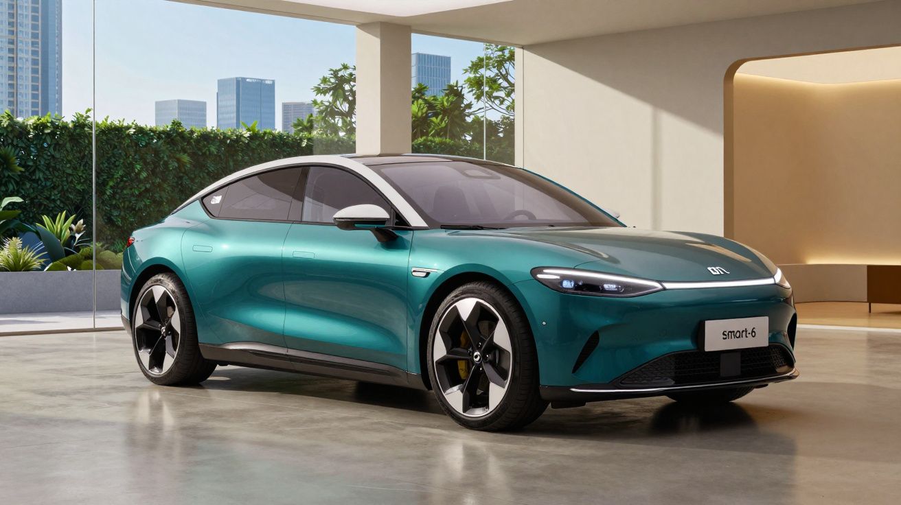 Carro elétrico verde Smart-6 estacionado em ambiente interno com paredes claras e plantas ao fundo.