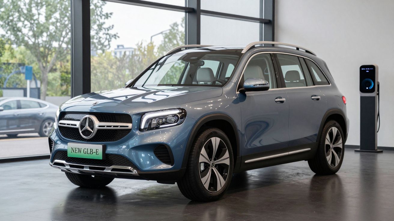 Carro elétrico SUV Mercedes-Benz modelo GLB-E azul em showroom com estação de recarga ao fundo.