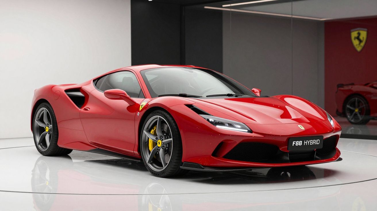 Carro esportivo vermelho Ferrari F88 Hybrid estacionado em ambiente interno moderno e iluminado.