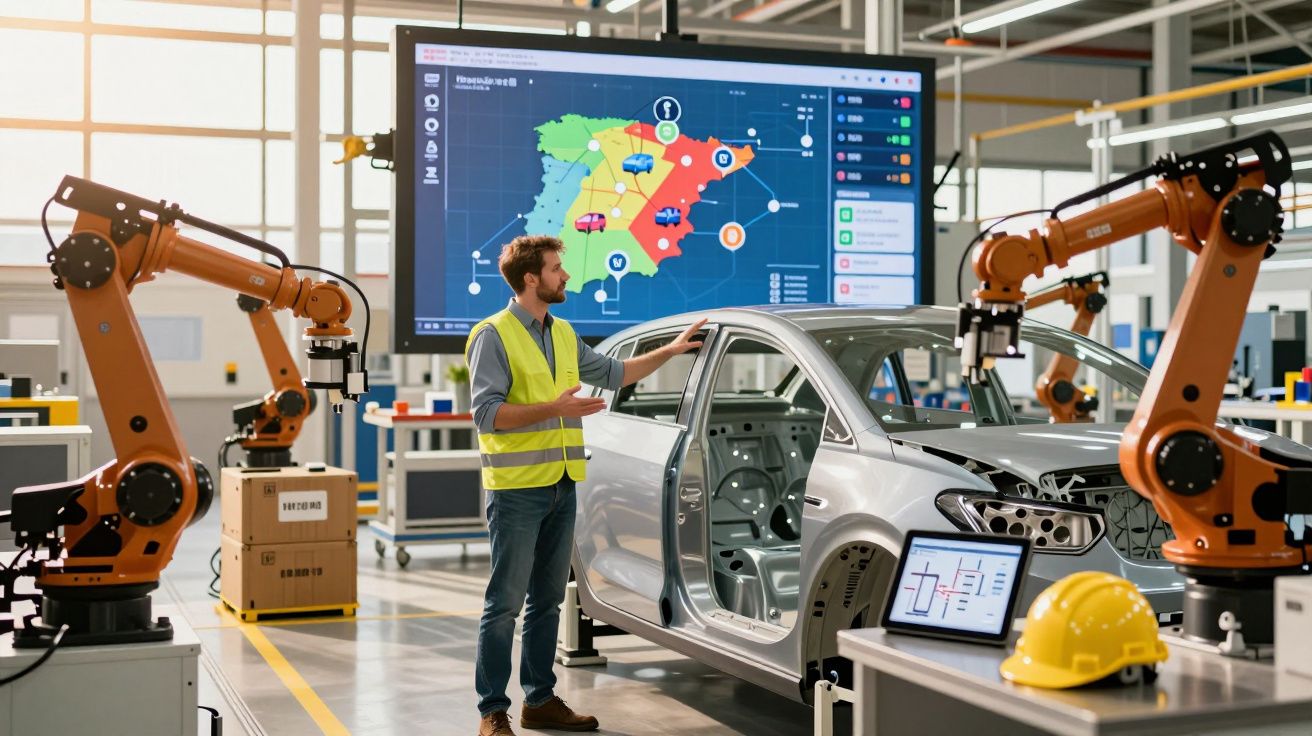 Homem com colete refletivo inspeciona carro cinza em fábrica com braços robóticos e tela de dados ao fundo.