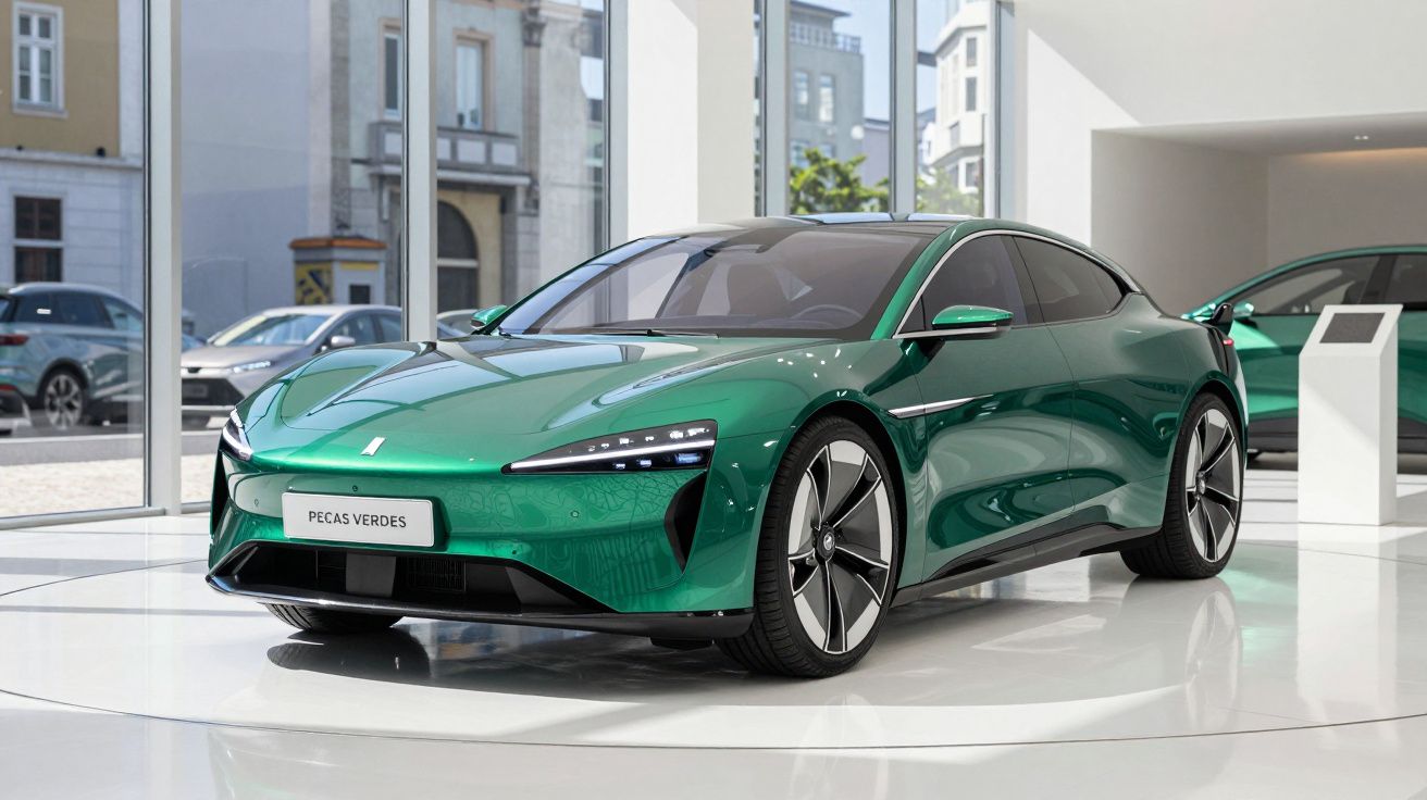 Carro esportivo elétrico verde exposto em showroom com grande janela e prédios ao fundo.