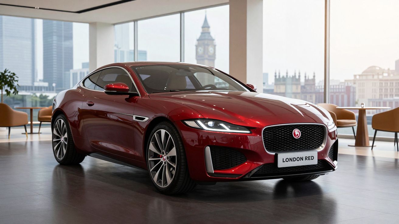 Carro esportivo vermelho Jaguar London Red em showroom moderno com vista da Torre do Relógio de Londres ao fundo.