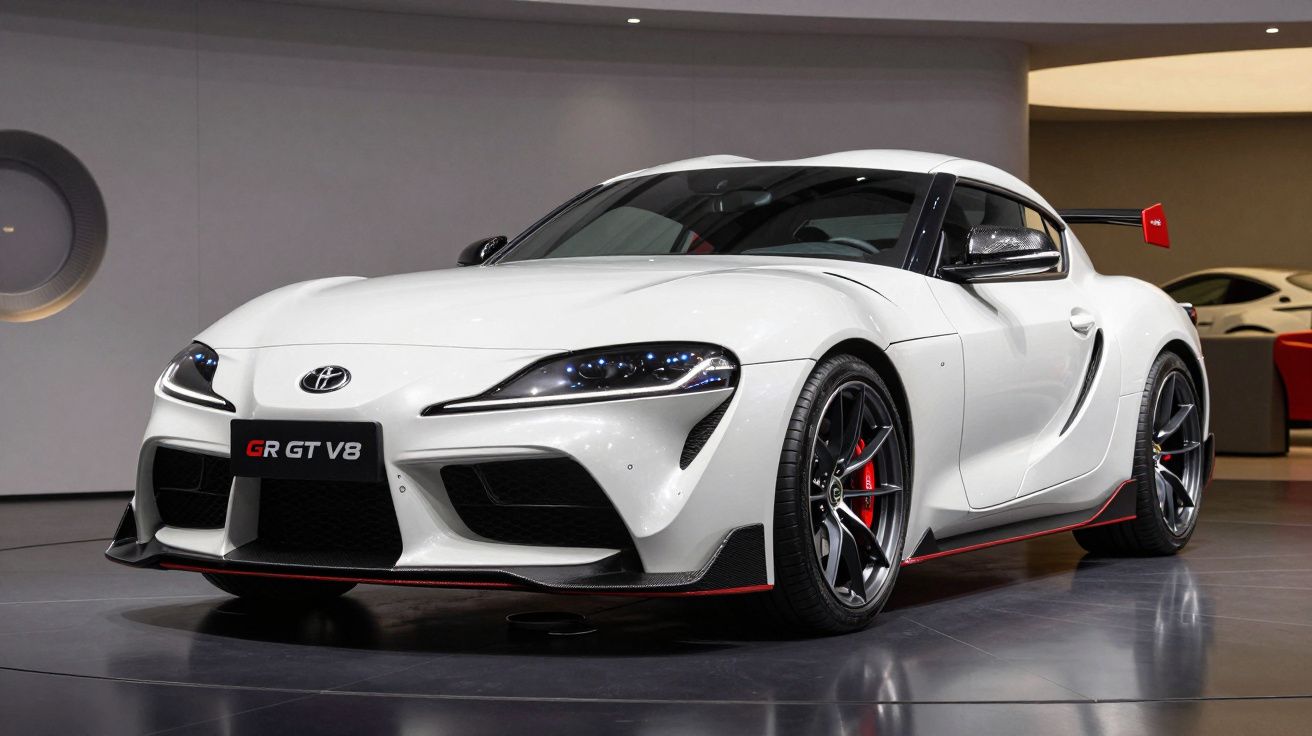 Carro esportivo branco Toyota GR GT V8 com aerofólio vermelho em exposição interna.