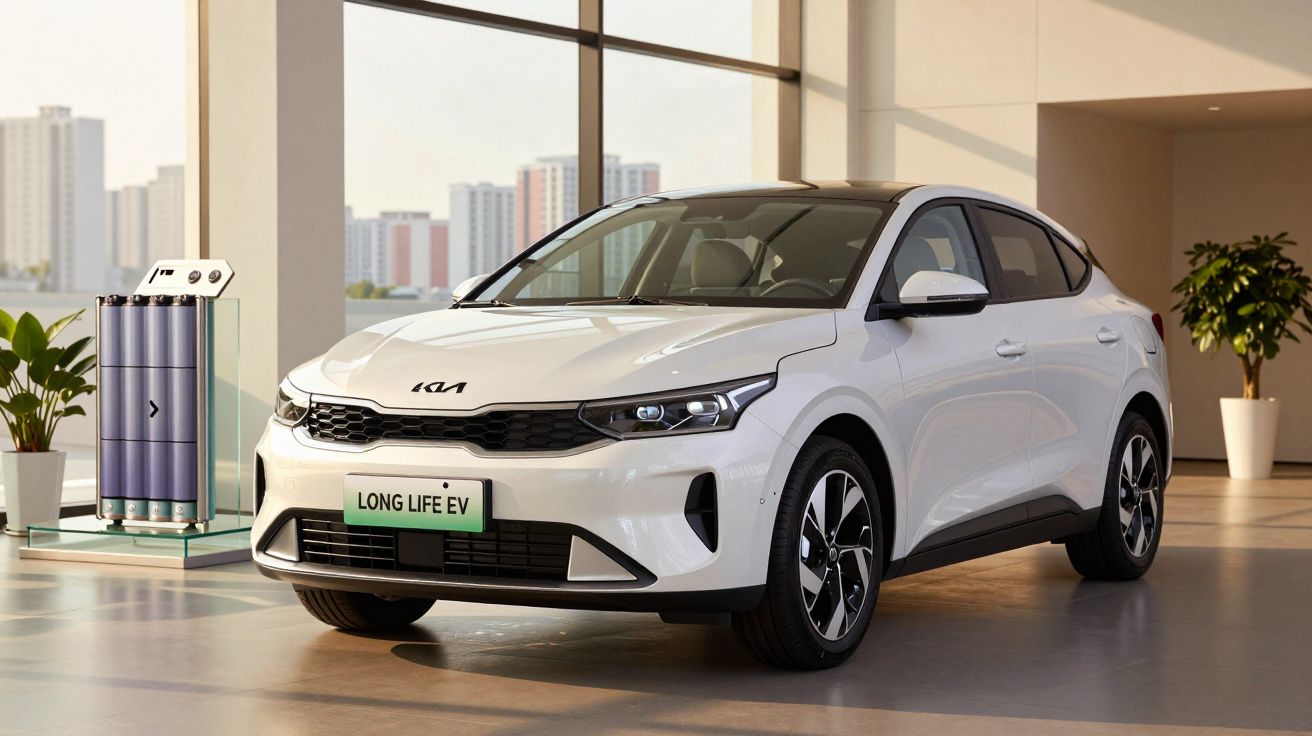 Carro elétrico branco Kia Long Life EV em ambiente interno com plantas e vista de prédios ao fundo.