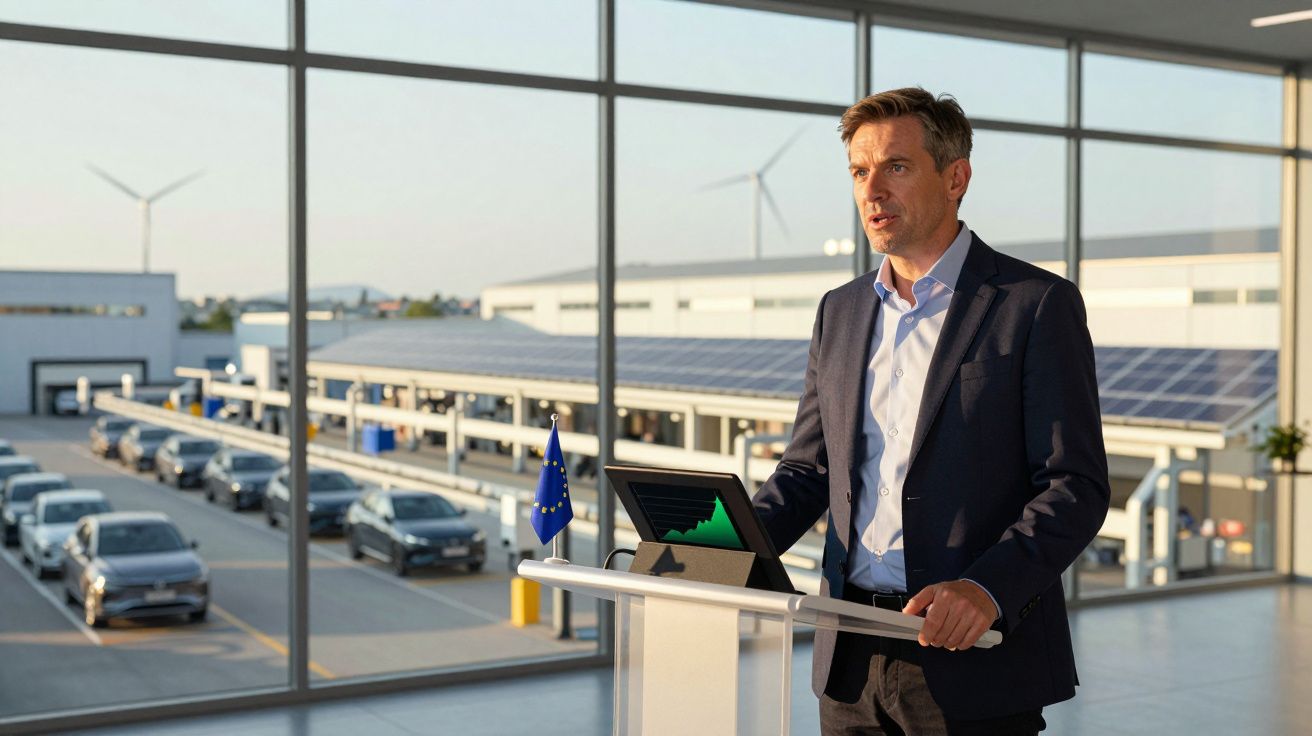 Homem de terno falando em púlpito com gráfico em tablet, com carros elétricos e painéis solares ao fundo.