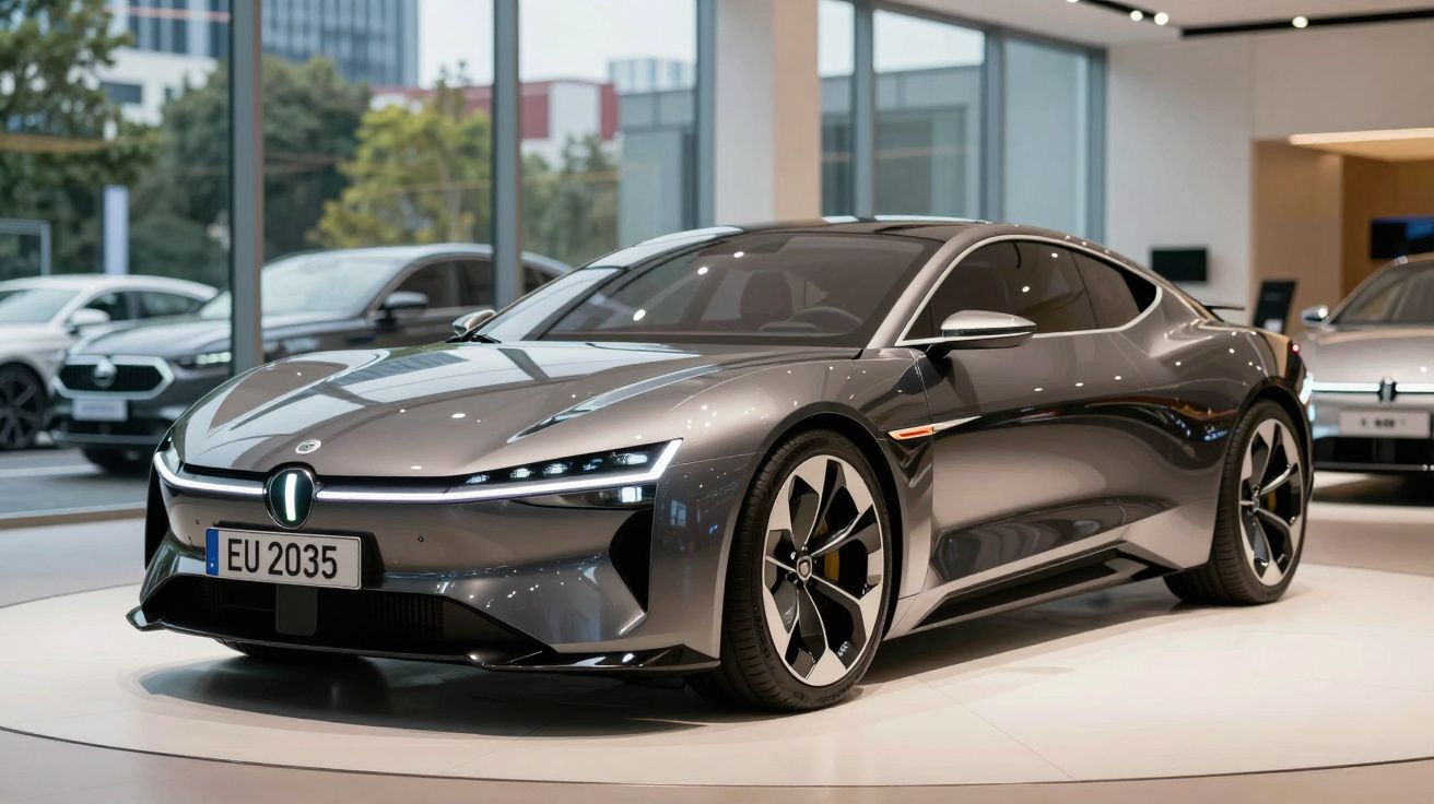 Carro esportivo elétrico cinza com design moderno em exposição dentro de showroom iluminado.