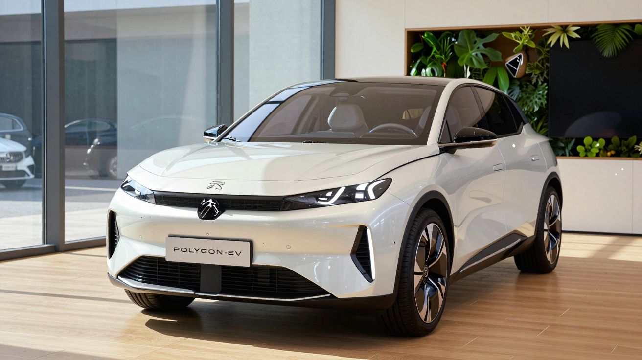 Carro elétrico branco Polygon-EV exposto em ambiente interno com piso de madeira e plantas ao fundo.
