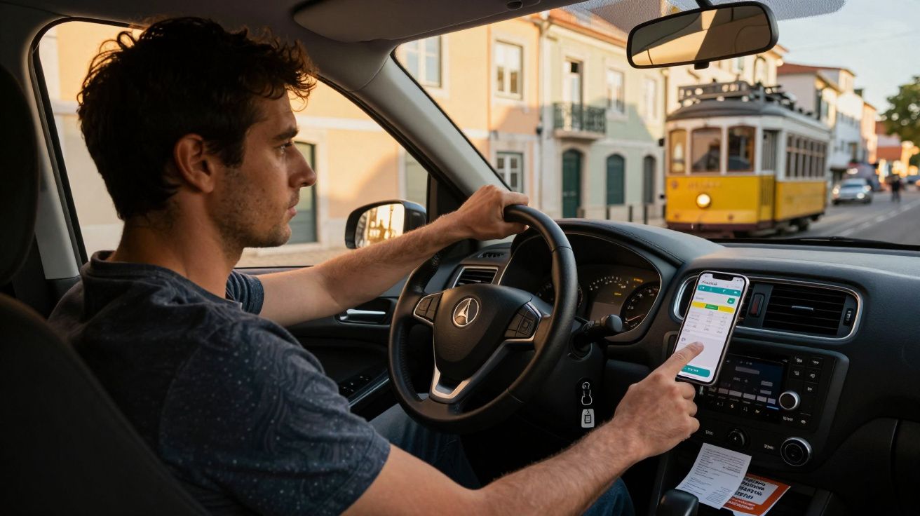 Homem dirigindo carro e usando celular para acessar aplicativo com bonde amarelo passando na rua.