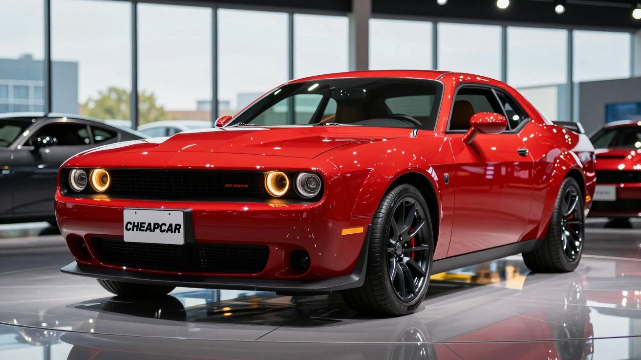 Carro esportivo vermelho com rodas pretas exposto em showroom moderno e iluminado.