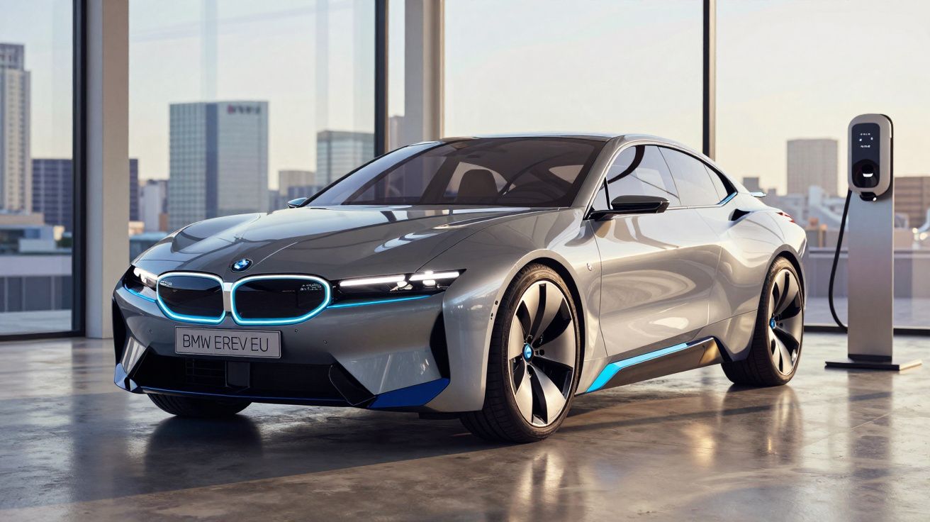 Carro elétrico BMW prata carregando em estação com prédios ao fundo em ambiente interno iluminado