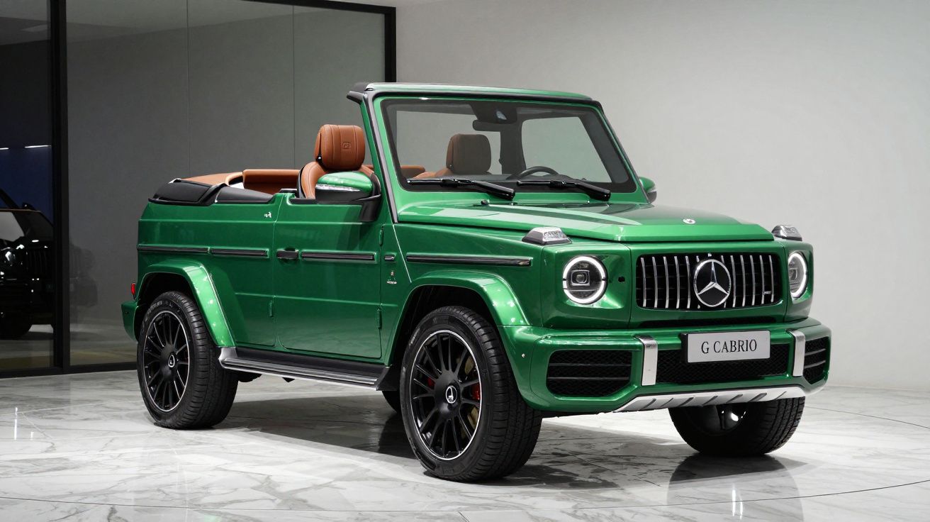 Carro conversível Mercedes-Benz G Cabrio verde com interior marrom em showroom.