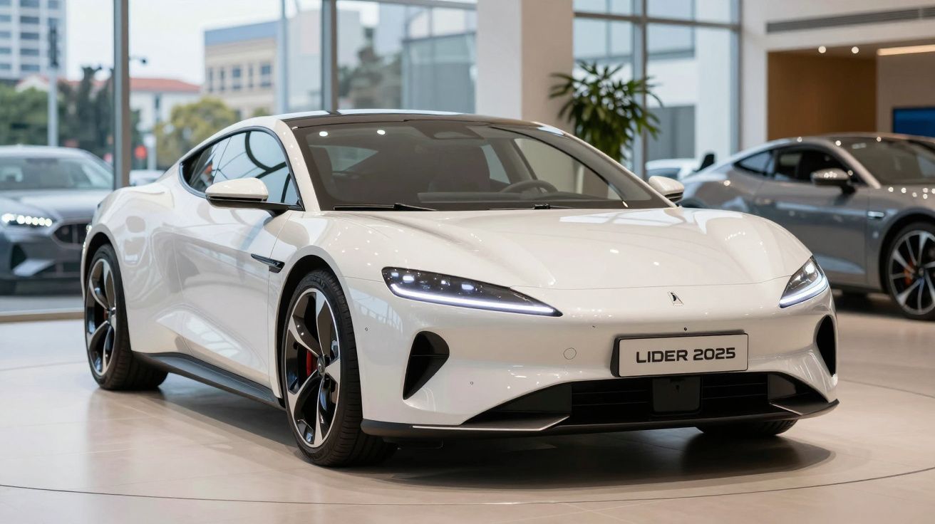 Carro esportivo branco com design moderno exposto em showroom com iluminação natural.