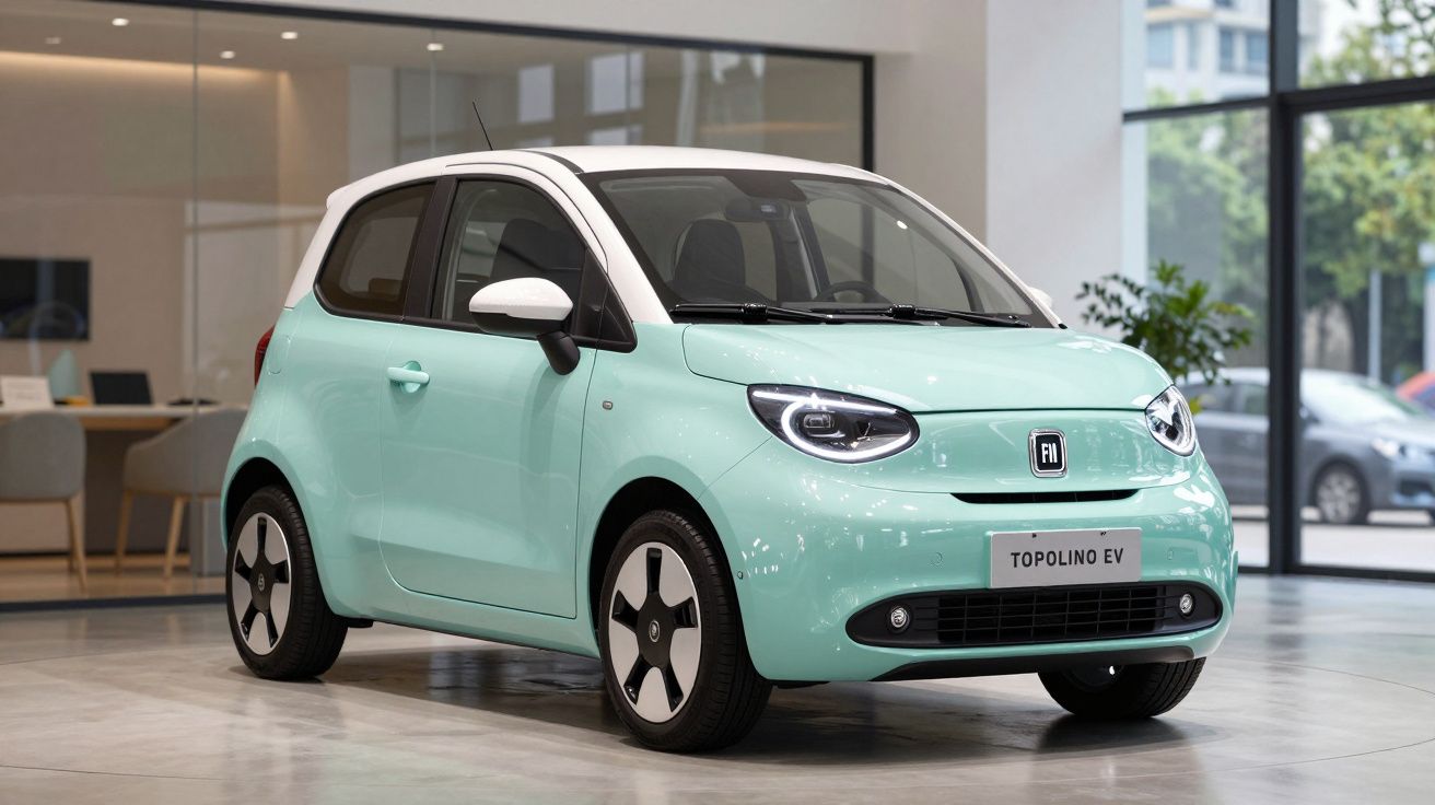 Carro elétrico compacto Fiat Topolino EV na cor verde água exibido em showroom moderno.