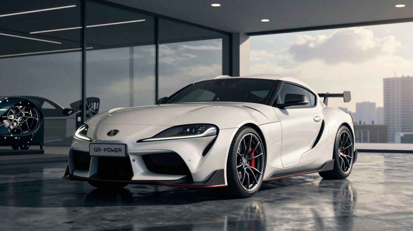 Carro esportivo branco Toyota Supra GR-Power estacionado em piso de garagem moderna com vidros.