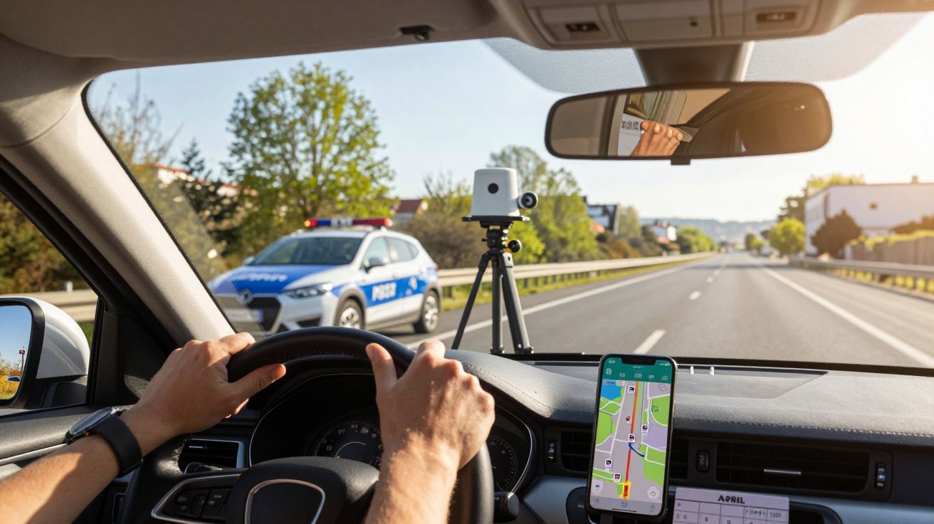 Mãos no volante durante direção com radar de velocidade e viatura policial à esquerda na estrada.