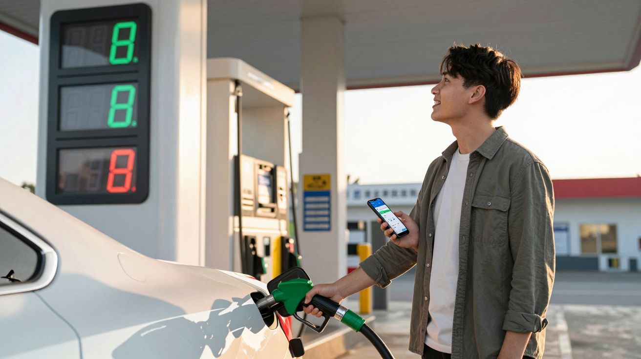 Homem abastecendo carro com bomba verde em posto de gasolina, segurando celular e olhando para o painel de preços.