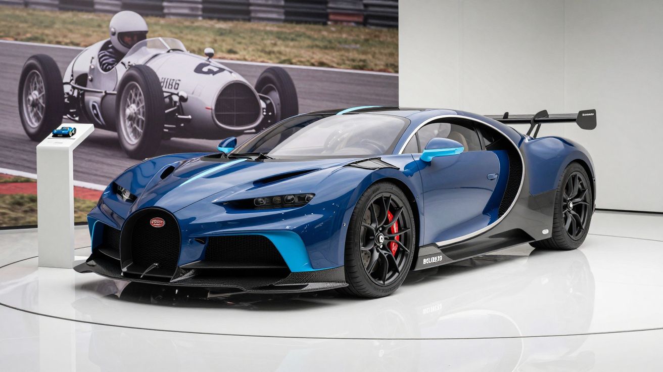 Carro esportivo Bugatti Chiron azul exibido em vitrine com foto de carro de corrida antigo ao fundo.