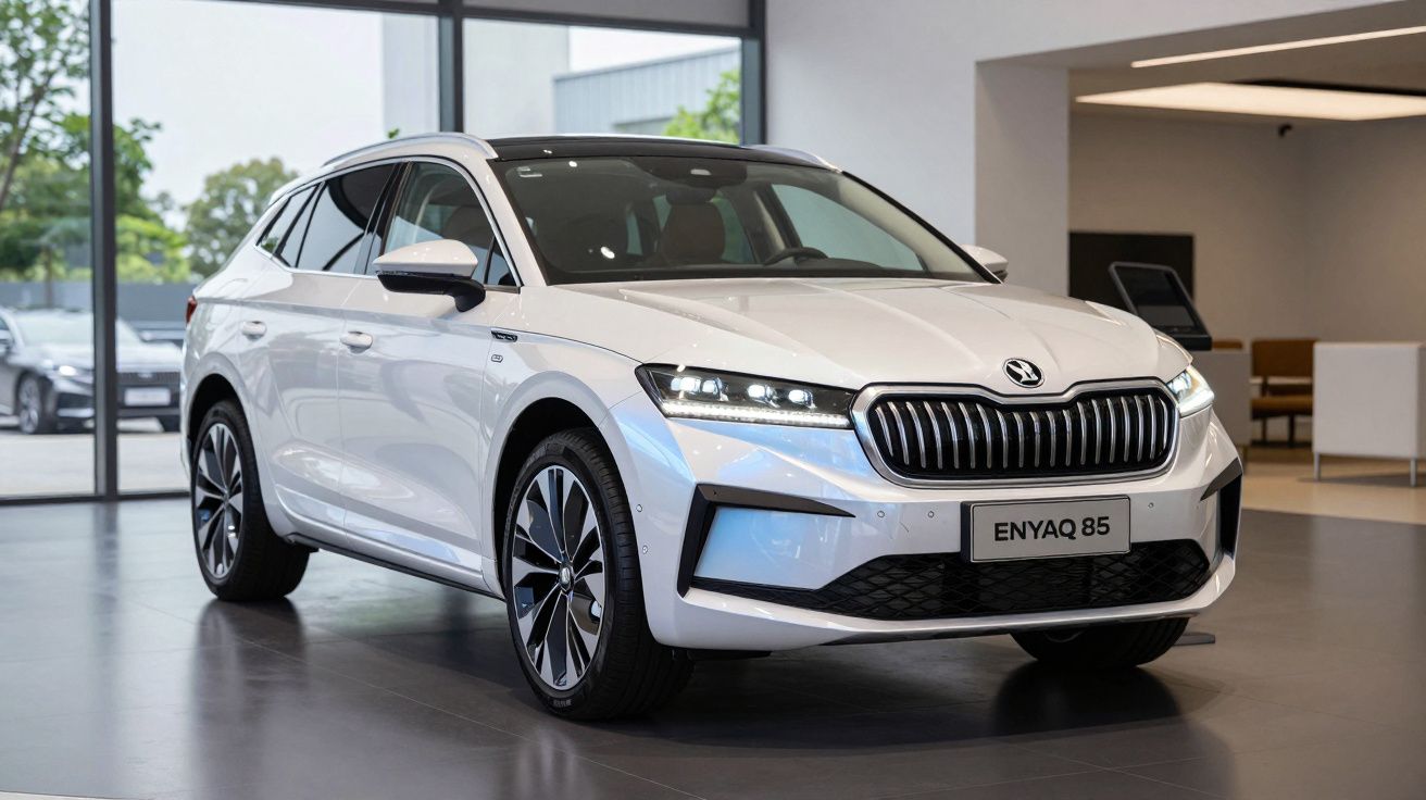 SUV elétrico branco Škoda Enyaq 85 exibido em showroom moderno com iluminação natural.