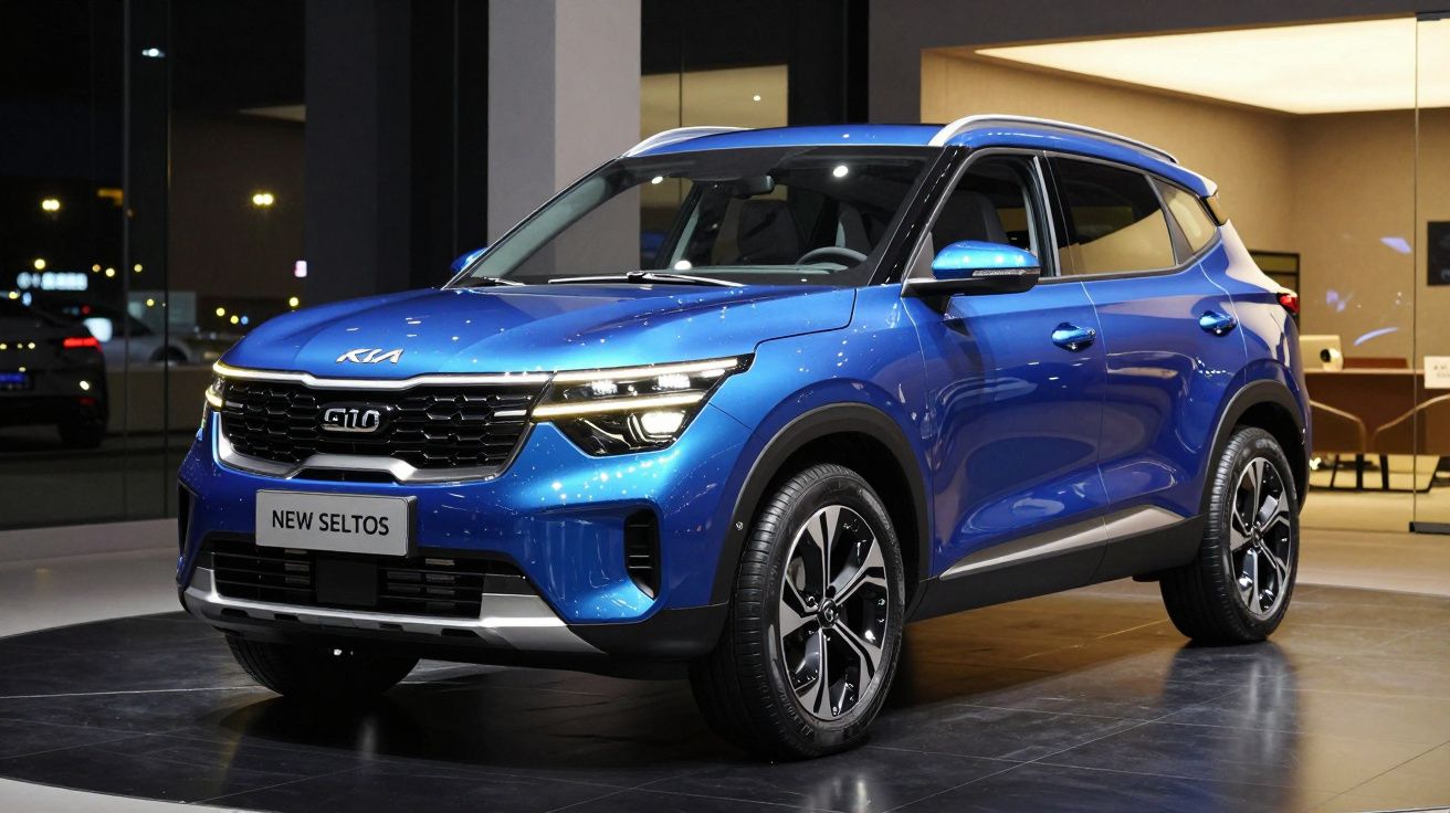 SUV Kia New Seltos azul em exposição interna com pneus pretos e detalhes cromados