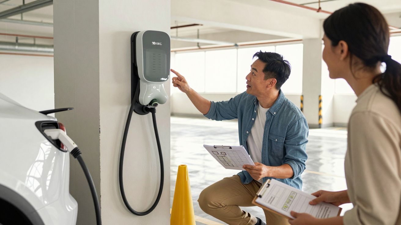 Homem e mulher inspecionam e registram informações em estação de carregamento de carro elétrico em estacionamento.