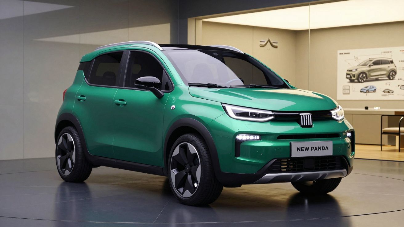 Carro compacto verde modelo New Panda estacionado em ambiente interno moderno.