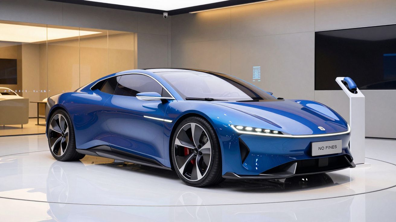 Carro elétrico esportivo azul em uma sala de exposição moderna com iluminação branca.