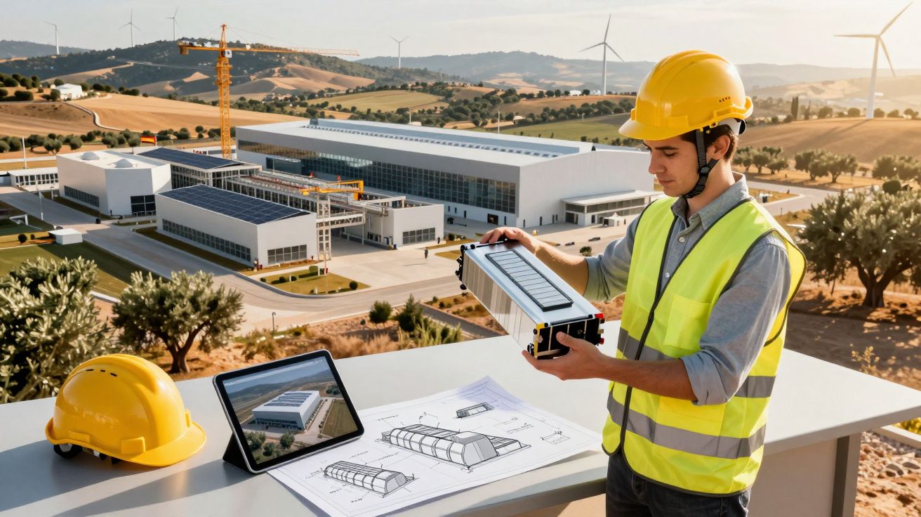 Engenheiro segurando painel solar em construção, com capacete, tablet e projeto em mesa ao ar livre.