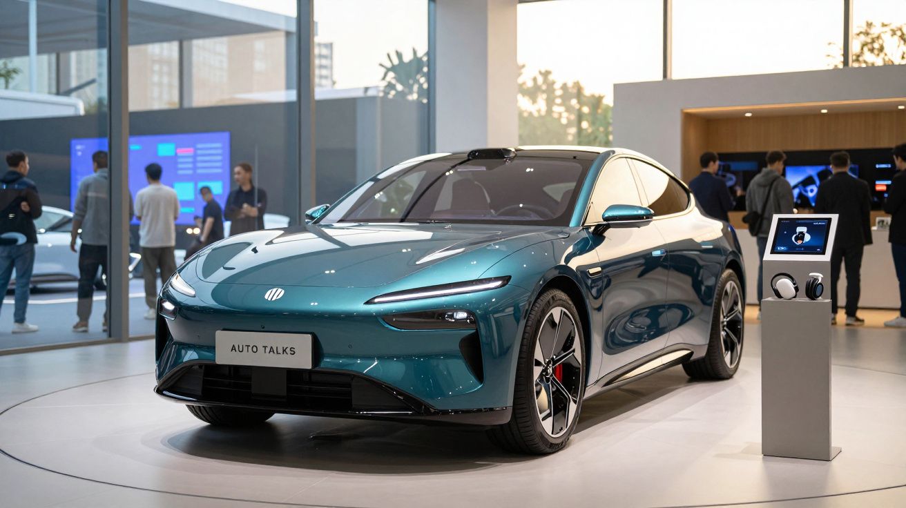 Carro elétrico moderno azul exibido em estande de exposição com pessoas ao fundo.