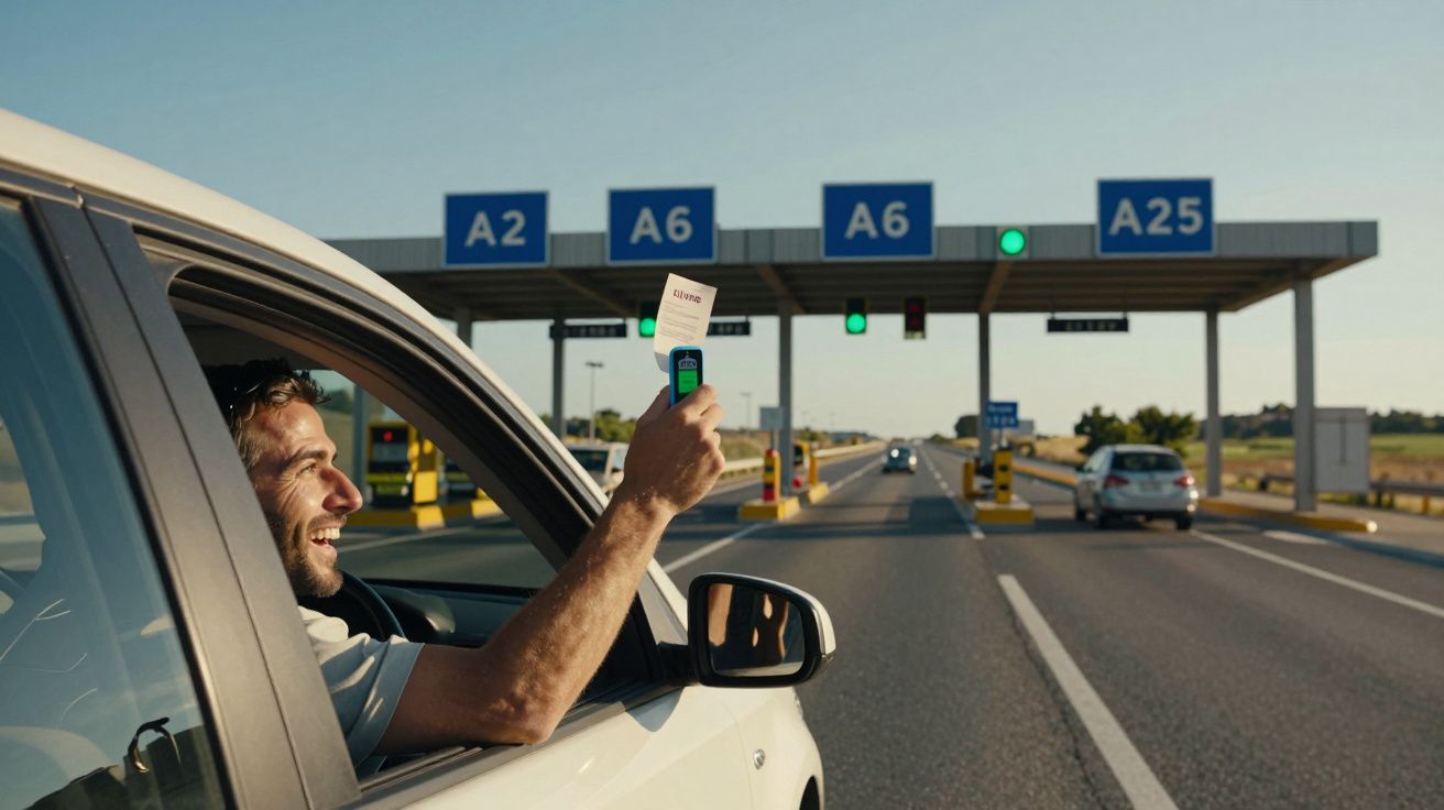 Motorista sorridente segurando ticket em pedágio com placas A2, A6 e A25 em estrada ensolarada.