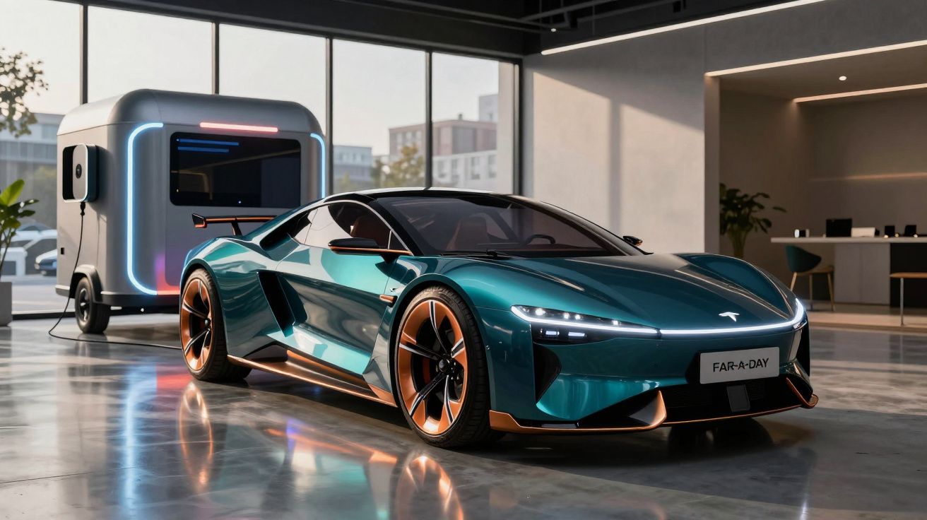 Carro esportivo elétrico verde com detalhes em cobre estacionado em galpão ao lado de trailer futurista.