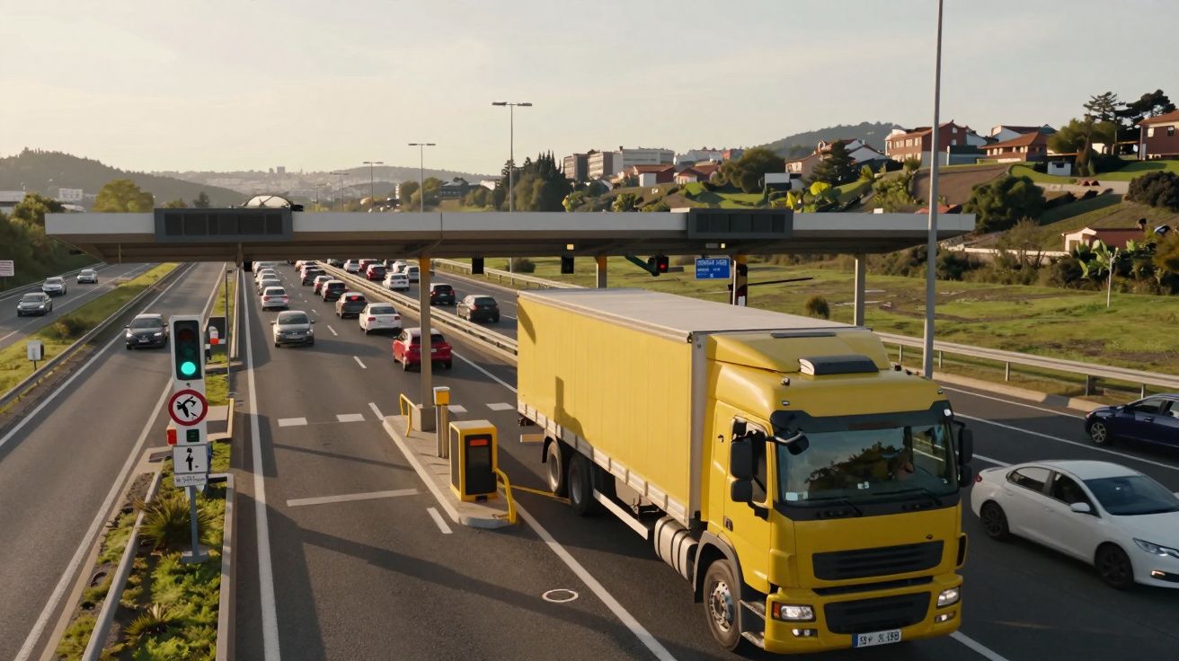 Caminhão amarelo na estrada próximo a pedágio com vários carros e semáforo verde ao entardecer.