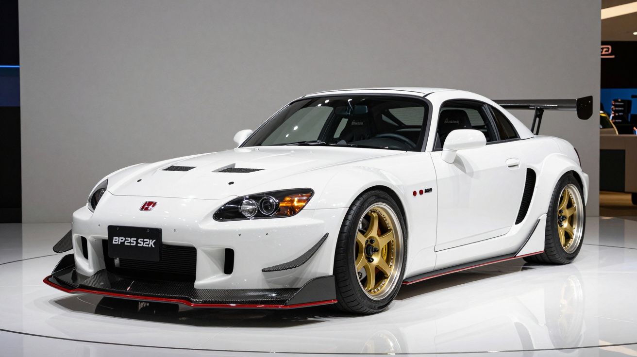 Carro esportivo branco com rodas douradas e aerofólio traseiro exposto em salão de automóveis.