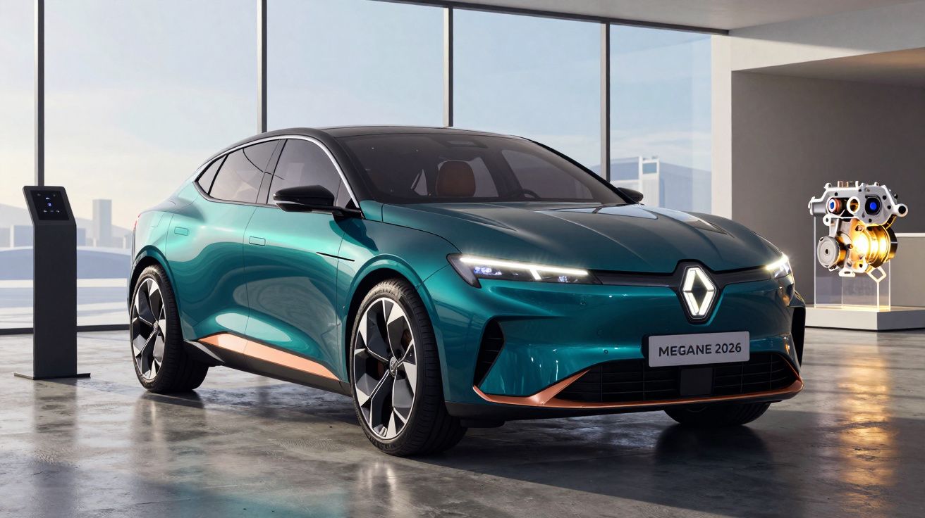 Carro elétrico Renault Megane 2026 verde em showroom moderno com motor exposto ao fundo.