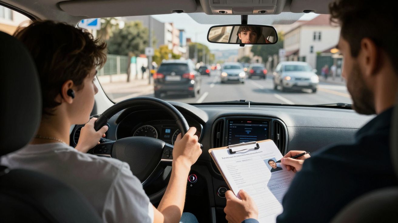 Jovem dirigindo carro durante exame prático de direção enquanto examinador analisa documento e foto.