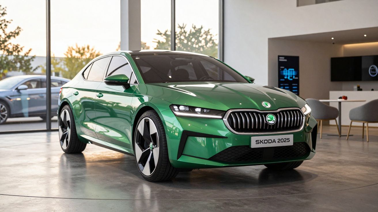 Carro esportivo Skoda verde 2025 exibido em showroom moderno com grandes janelas e iluminação natural.