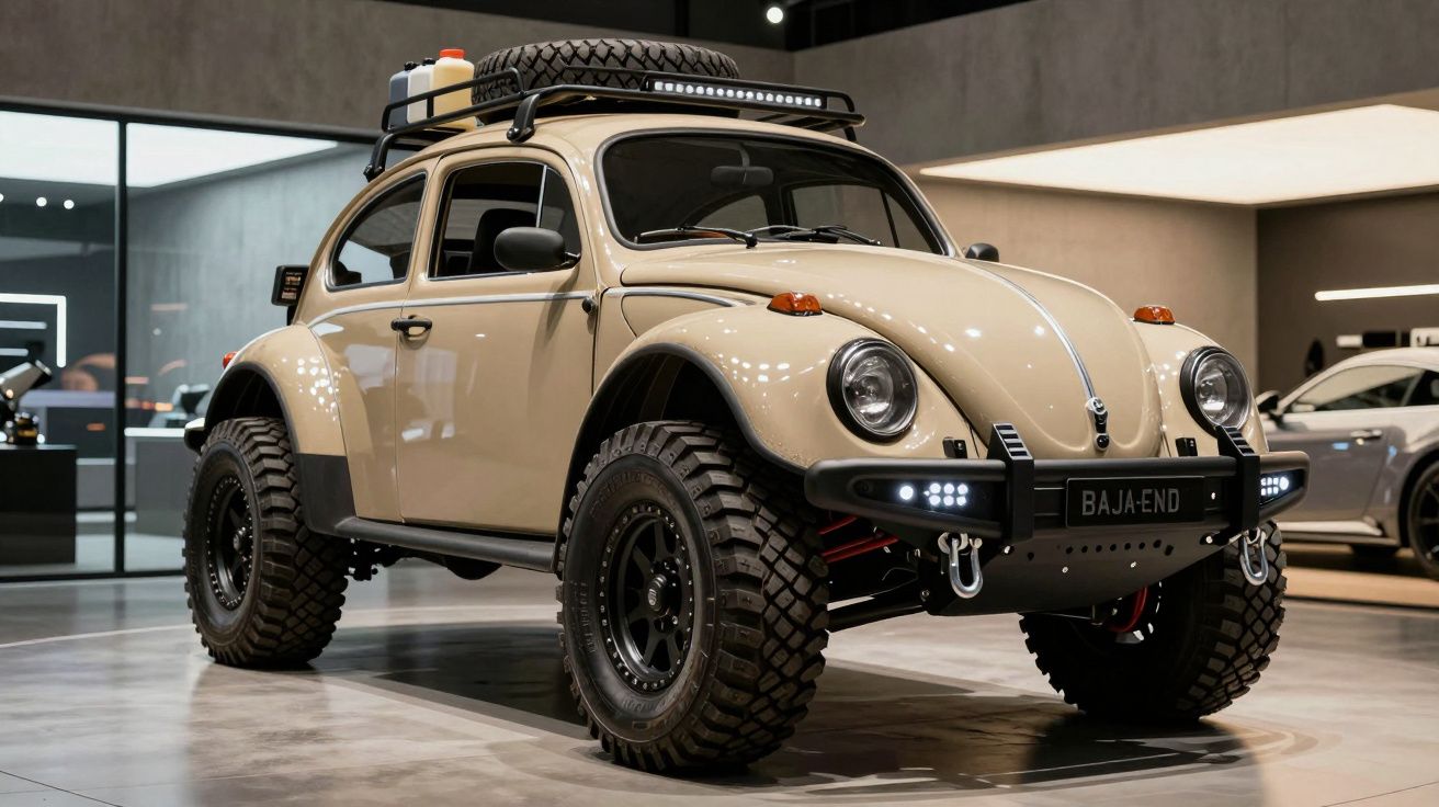 Carro antigo estilo Fusca adaptado para off-road com pneus grandes e acessórios no teto em exposição.