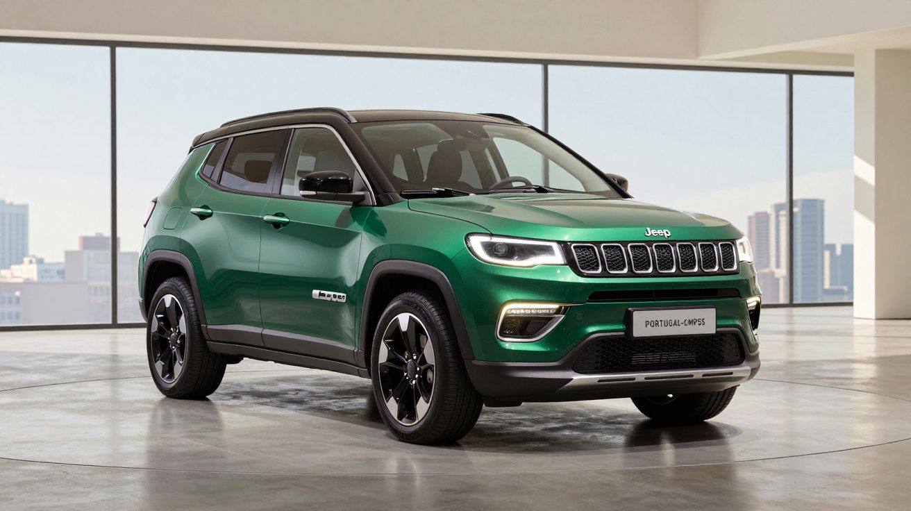 SUV Jeep Compass verde com teto preto estacionado em ambiente interno com janelas grandes ao fundo.