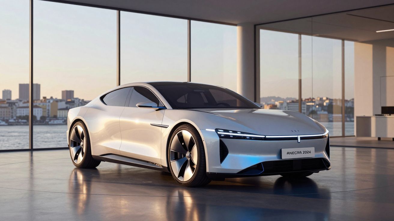 Carro elétrico prata futurista estacionado em ambiente interno com janelas amplas e vista para cidade.