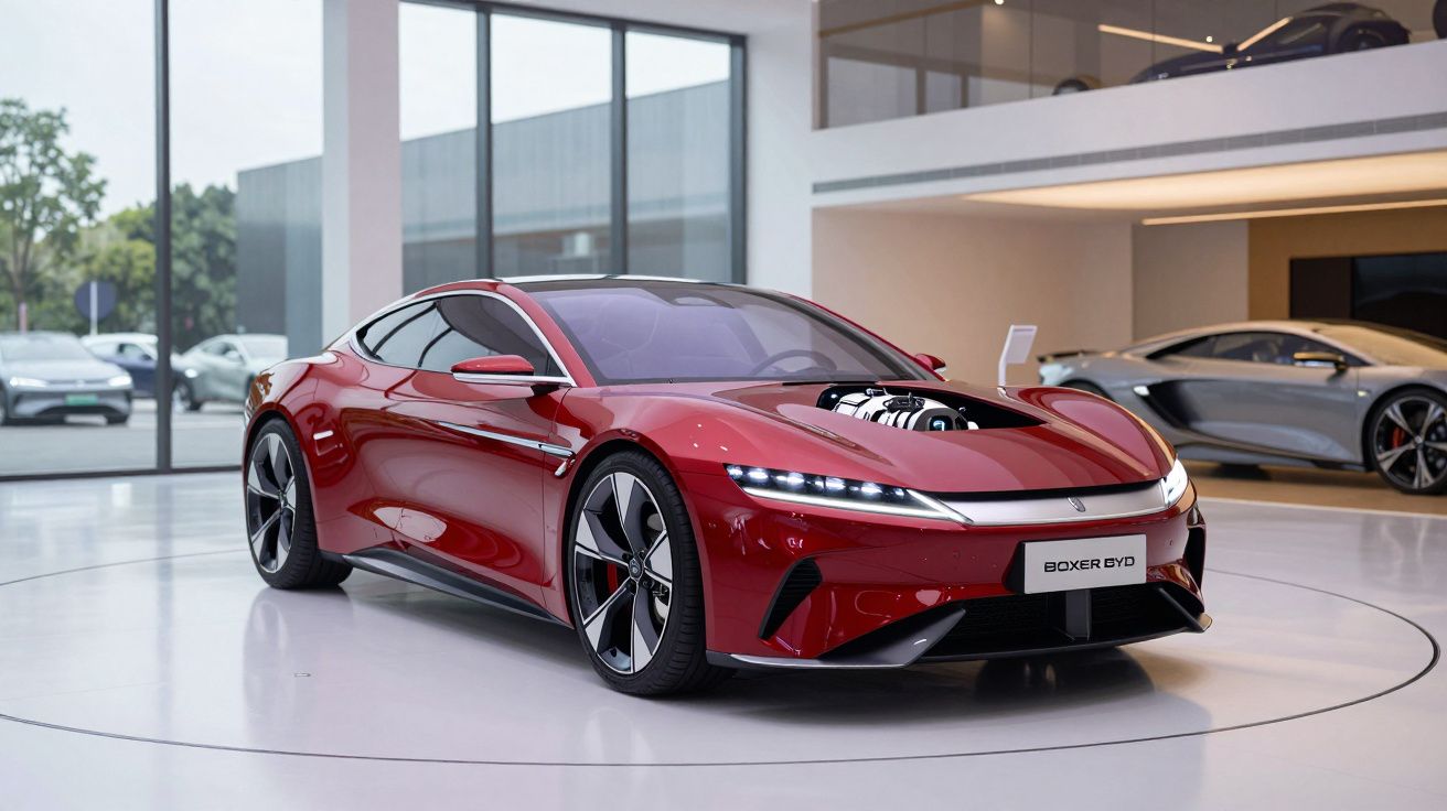 Carro esportivo vermelho moderno exposto em showroom com grandes janelas e outro carro ao fundo.